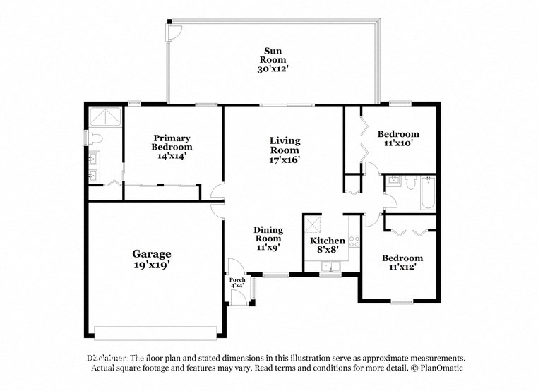 a floor plan of a house with three bedrooms and a garage