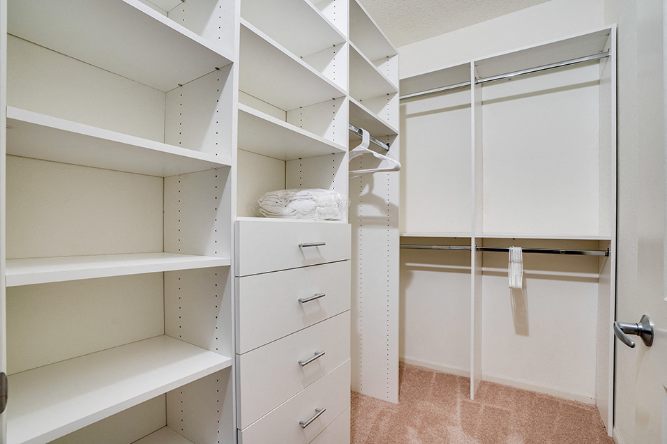 Empty closet with lots of dressers and shelves