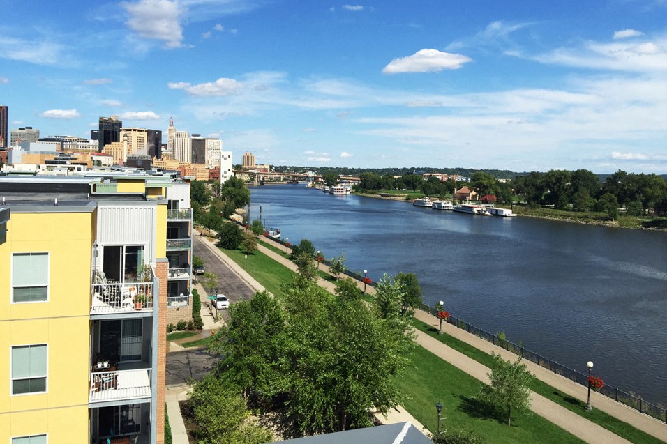 a view of a river and a city from a building