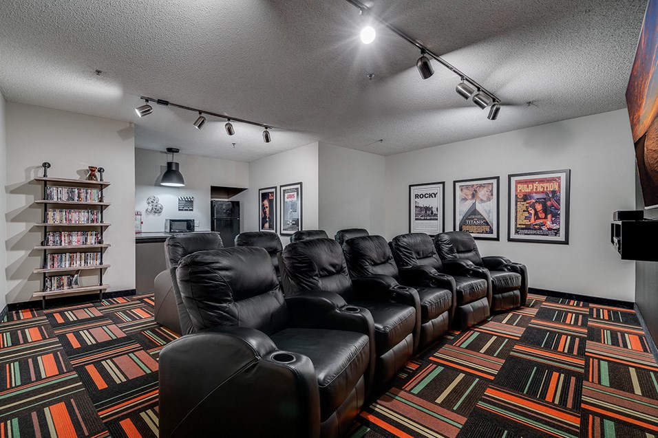 a theater room with leather chairs and a carpet