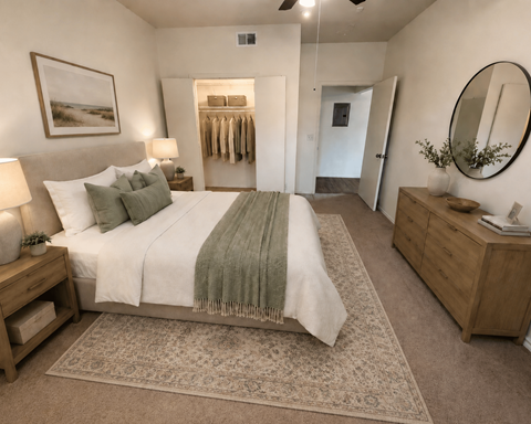 A bedroom with a large bed, a mirror, and a rug.