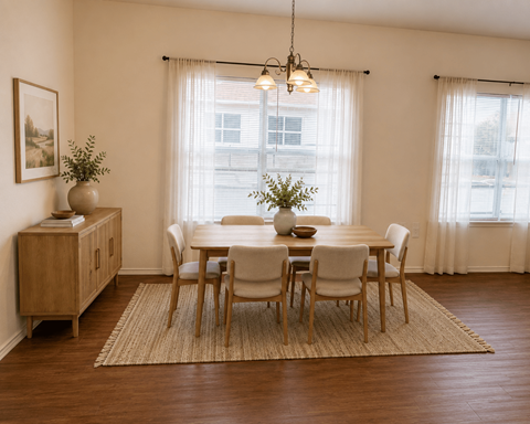 A dining room with a wooden table and chairs.