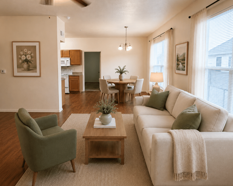 A living room with a white couch, green armchair, and wooden coffee table.