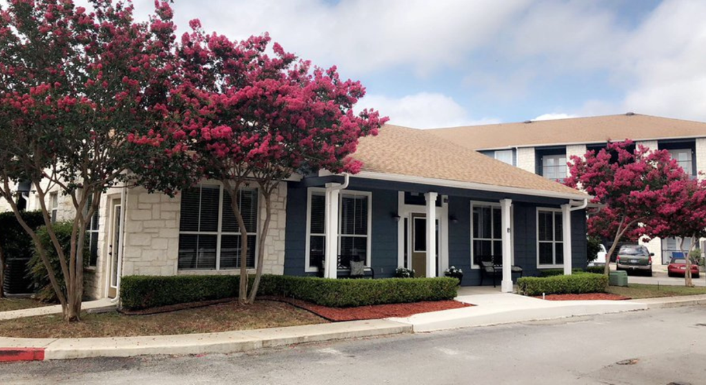 a blue house with a pink flowering tree in front of it