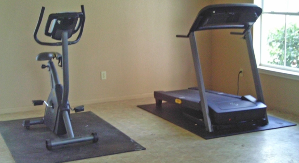 a home gym with a treadmill and exercise equipment