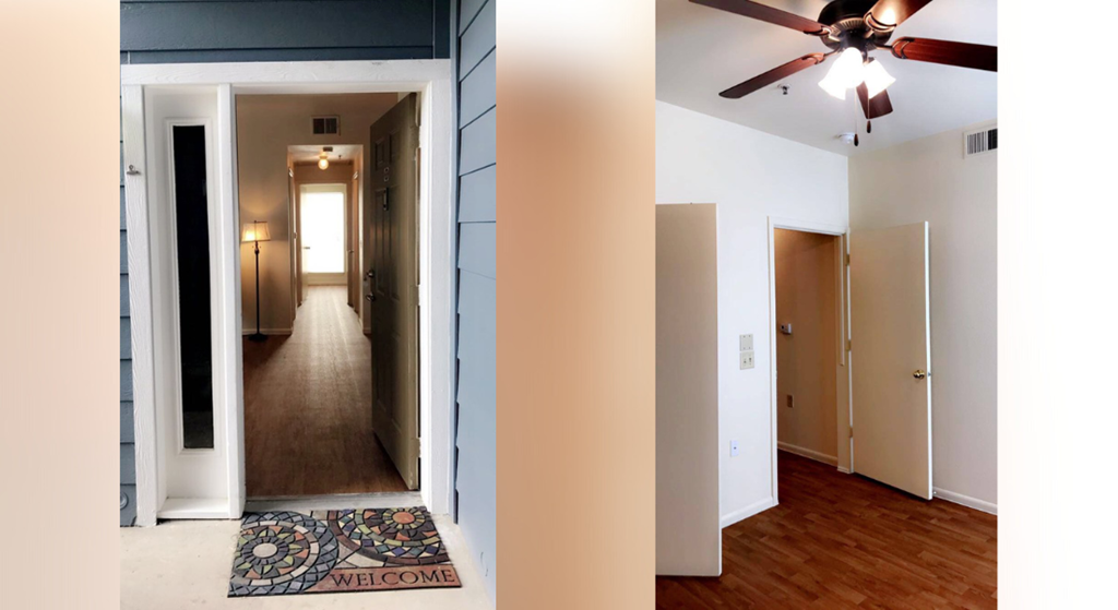 a before and after picture of a living room and a hallway with a ceiling fan