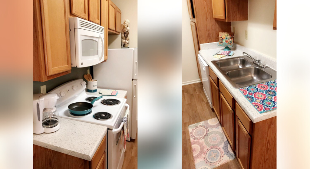 two pictures of a kitchen with a stove and a sink