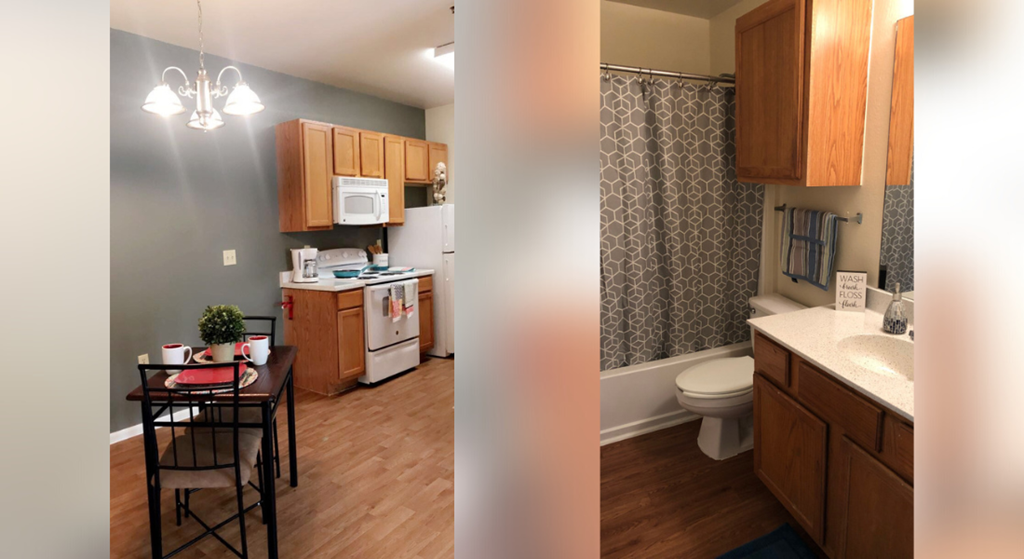 a collage of a kitchen and a dining room with a table