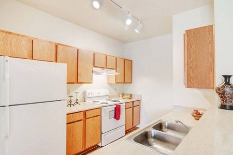 a kitchen with a stove refrigerator and a sink