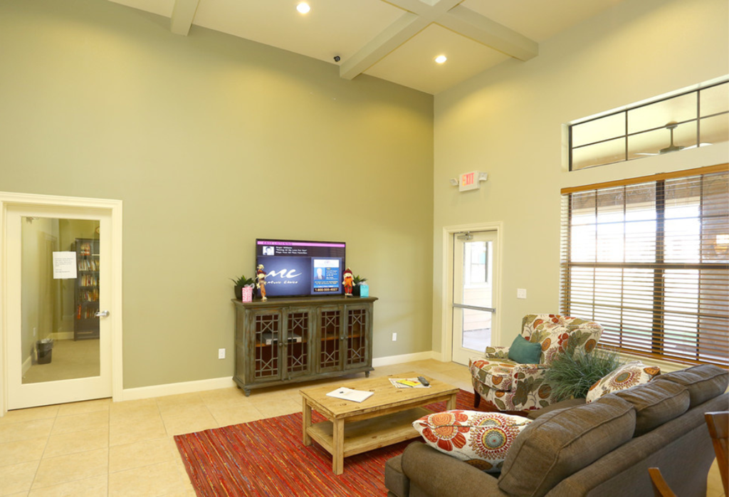 a living room with a couch and a television