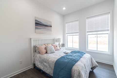 a bedroom with a bed and two windows