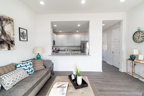 a living room with a couch and a kitchen in the distance