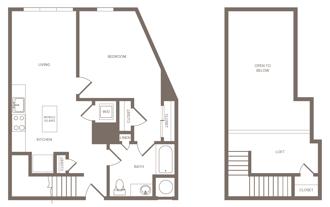 A floor plan of a one bedroom loft
