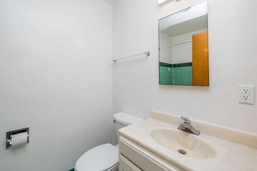 a bathroom with a sink and a mirror and a toilet