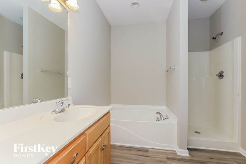 a bathroom with a sink and a tub and a mirror