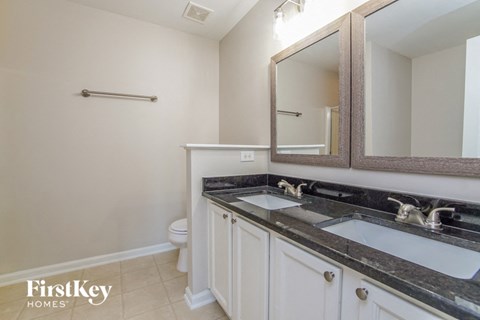 a bathroom with a sink and a mirror and a toilet