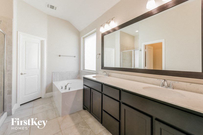 the master bathroom has a large vanity with a large mirror and a tub and shower