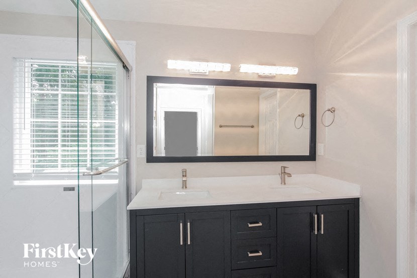 a bathroom with a sink and a mirror and a shower