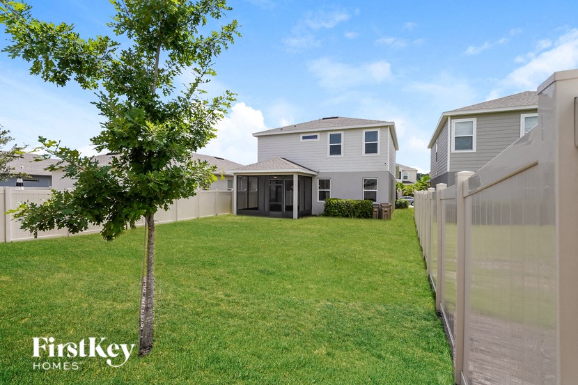A tree stands in a grassy yard in front of a house.