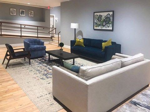 a living room with couches and chairs and a rug