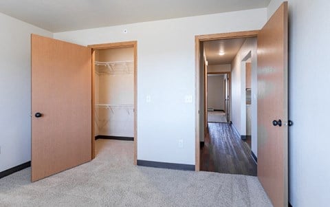 an empty bedroom with closet doors and a hallway to a closet
