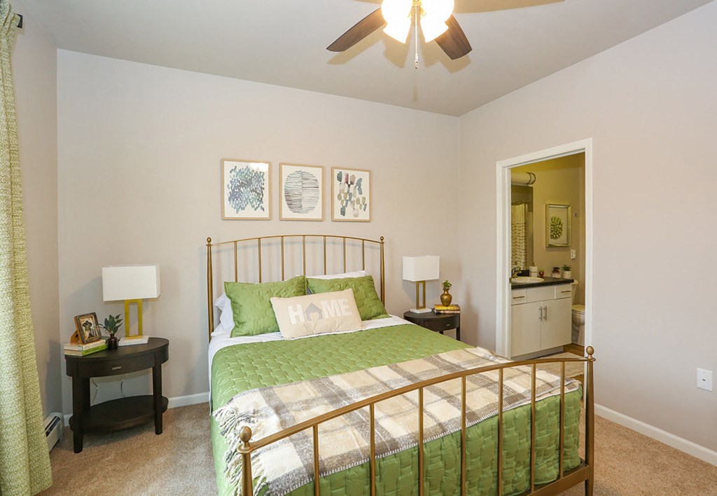 a bedroom with a bed and a ceiling fan