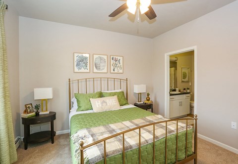a bedroom with a bed and a ceiling fan