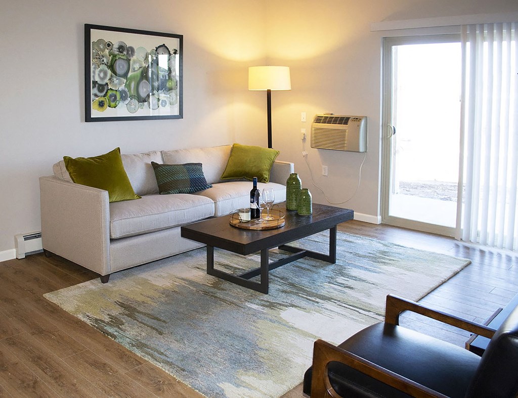 a living room with a couch and a coffee table