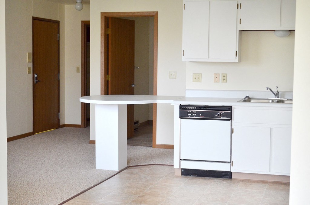 an empty kitchen with a white counter and a dishwasher