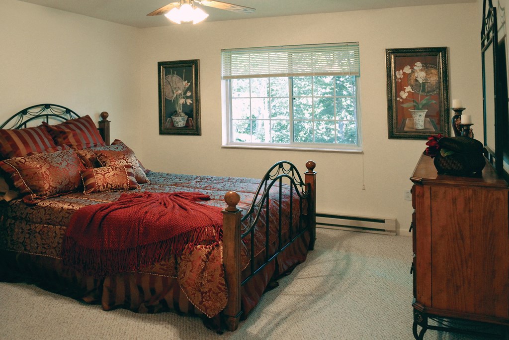a bedroom with a bed and a dresser and a window