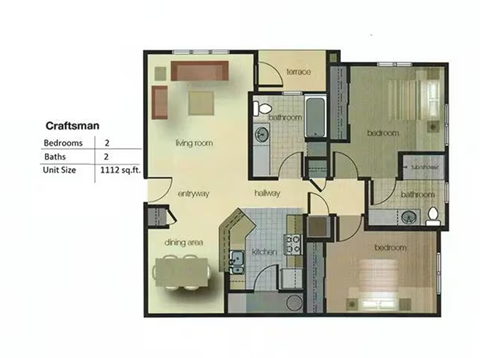 A floor plan of a craftsman style home with two bedrooms and two baths.