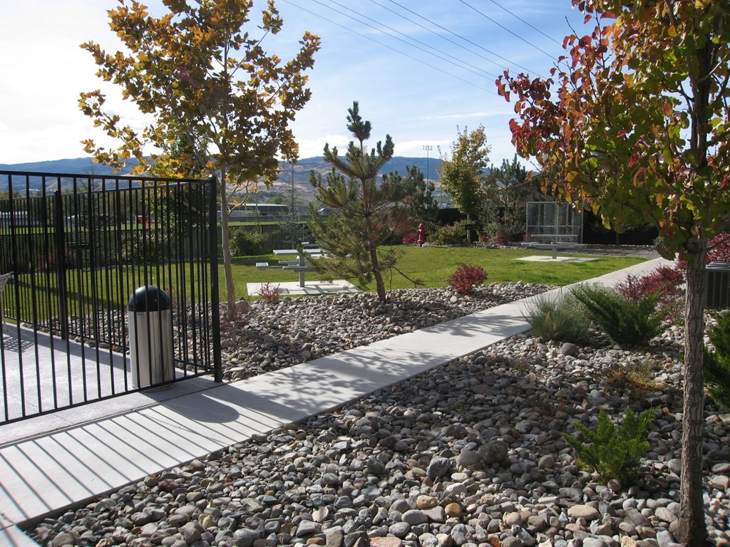 A black gate is in front of a gravel path.