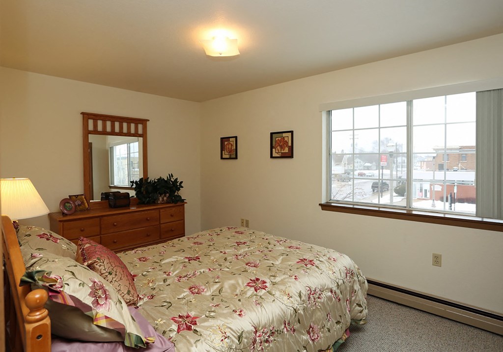 a bedroom with a bed and a dresser and a window
