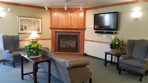 a living room with a fireplace and a tv