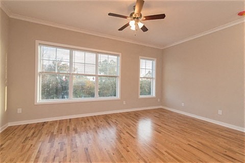 an empty living room with a ceiling fan and two windows