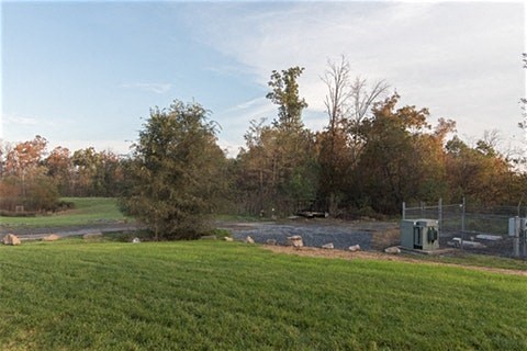 a field of grass with trees and a river