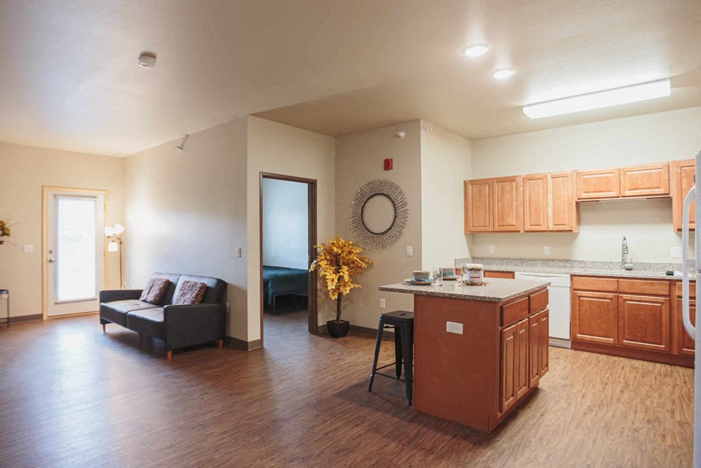 a living room with a kitchen and a couch