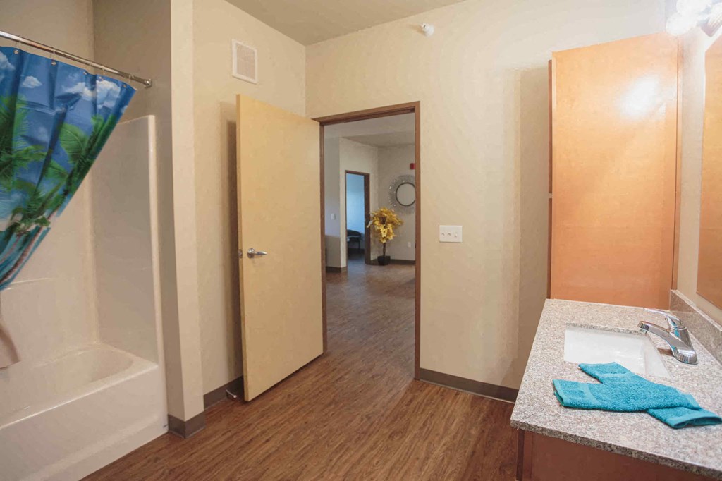 a bathroom with a shower and a sink and a mirror