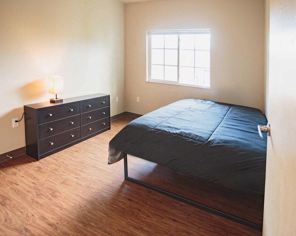 a bedroom with a bed and a dresser