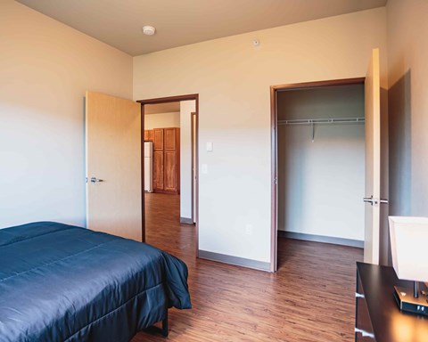 A bedroom with a bed, a desk, and a closet.