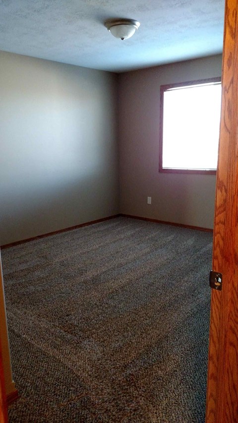 A room with a carpeted floor and a door.