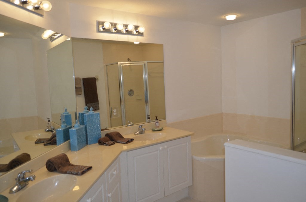 a bathroom with a sink and a mirror and a tub