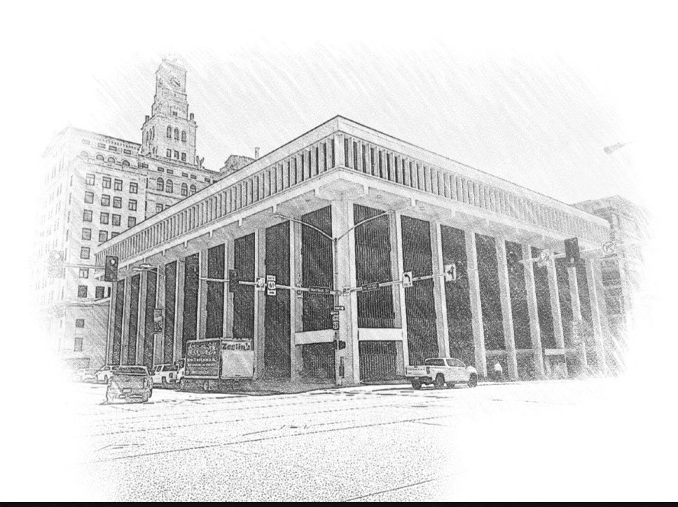 a black and white drawing of a building in the city