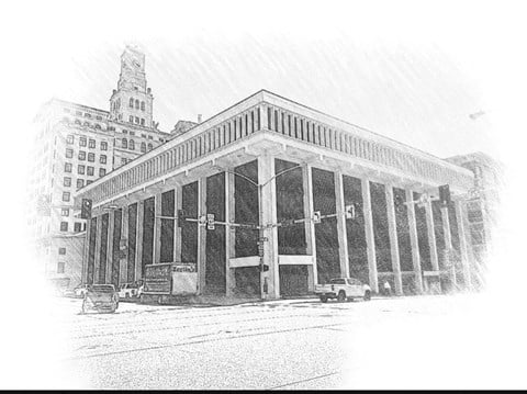 a black and white drawing of a large building in a city