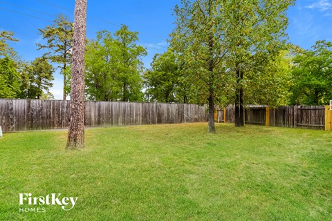 A grassy field with trees and a wooden fence.