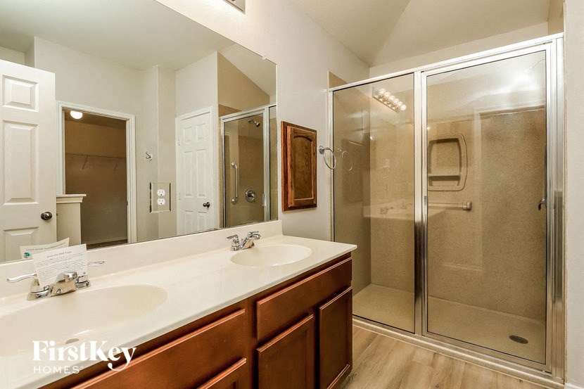a bathroom with a sink and a shower