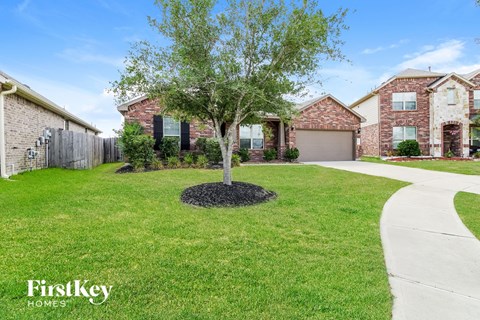 A tree in a mulched area in front of a house.