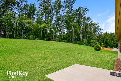 a backyard with a grass lawn and trees in the background