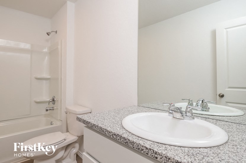 a bathroom with a sink and a shower and a mirror