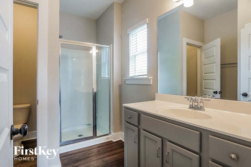 a bathroom with a sink and a shower and a mirror